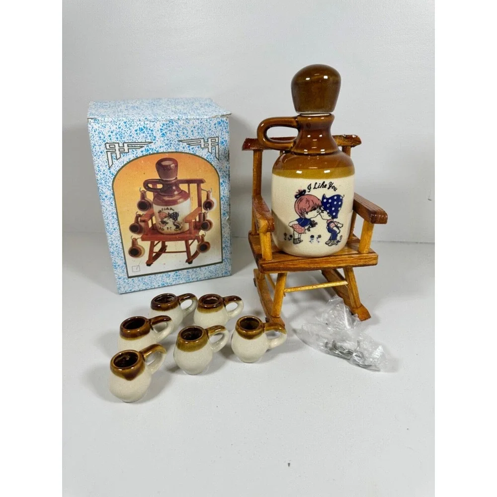 Vintage Barware Chair and Ceremic Pottery‎ Decanter & Ceramic Shot Cups on Chair